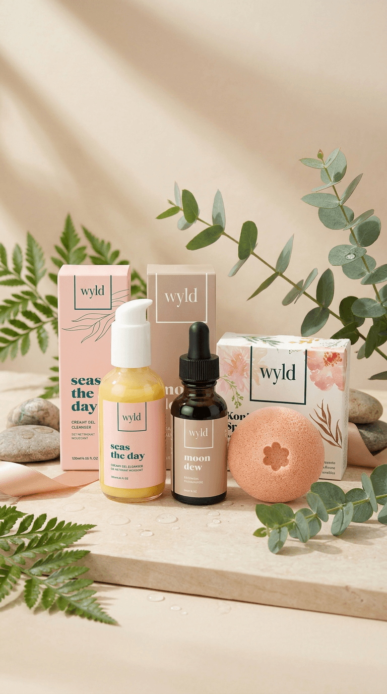 Wyld skincare collection arranged on warm stone